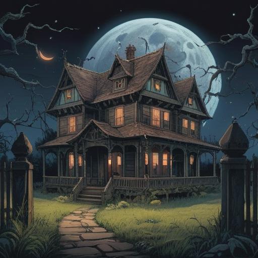 A surreal illustration of a haunted house at night, illuminated by a crescent moon, eerie shadows cast on old walls, a sense of restlessness and despair, spiritual presence felt within the rooms, ethereal glow around windows, dark forest surrounding the house, hauntingly beautiful atmosphere, intricate details of the architecture, captivating and unsettling ambiance, 4k