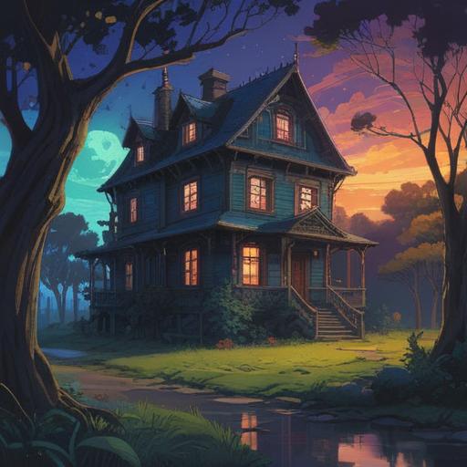 A mystical illustration of a sleepless house, eerie yet inviting atmosphere, glowing windows symbolizing spiritual guidance, moonlit night, surrounding trees whispering secrets, ethereal light illuminating the path, gentle spirits hovering, suggestive of positive signs, enchanted landscape, serene yet intriguing mood, 4k