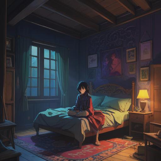 A dimly lit room filled with shadows, a person sitting on a bed looking uneasy, mysterious whispers in the air, flickering candlelight casting eerie shapes, subtle ghostly figures in the background, an open window letting in a cold breeze, unsettling yet captivating atmosphere, spiritual symbols subtly integrated, 4k