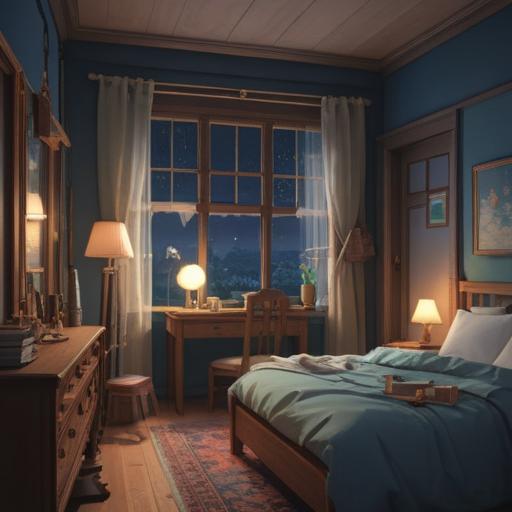 A cozy bedroom scene, soft moonlight filtering through the window, a beautifully designed lucky charm placed on the nightstand, gentle shadows creating a soothing atmosphere, bedtime books scattered, tranquil decor promoting relaxation, inviting bedding, a feeling of serenity and comfort, 4k