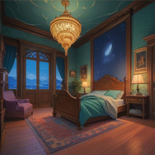 A serene bedroom scene, soft lighting, a cozy bed with fluffy pillows, calming color palette, relaxing ambiance, a bedside table with a gentle alarm clock, a peaceful window view with the moonlight streaming in, soothing decor elements, tranquility and comfort, 4k