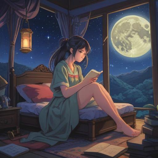 A serene night scene, a figure sitting on a bed under a starry sky, holding a journal, deep in thought, moonlight casting gentle shadows, soft glow from candles, symbols of love and spirituality surrounding the room, a sense of calm and reflection, intimate atmosphere, ethereal essence, 4k