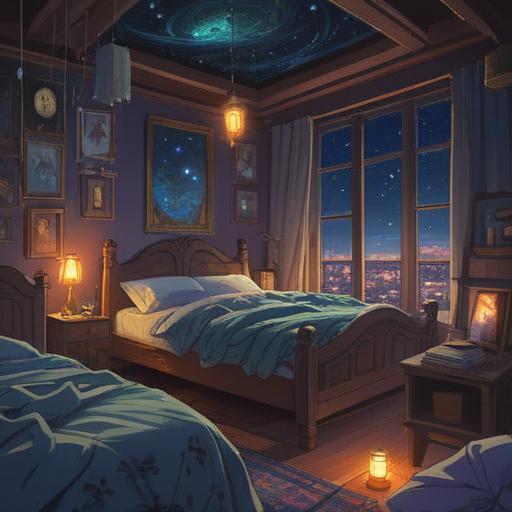 A dreamy night scene depicting a person lying awake in bed, surrounded by ethereal lights and shadowy figures representing spiritual signs, soft moonlight filtering through curtains, a gentle contrast between warmth and coolness, symbols of love interwoven with mystical elements, a sense of longing and introspection, evocative atmosphere, detailed textures, 4k