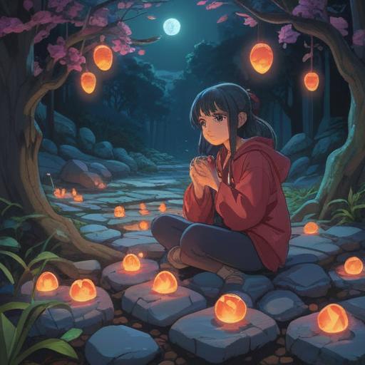 A serene nighttime scene, a person surrounded by glowing lucky stones, soft moonlight illuminating the stones, a gentle breeze rustling the leaves, twinkling stars in the sky, expressive emotions of hope and longing, a sense of tranquility, romantic ambiance, soothing colors, 4k