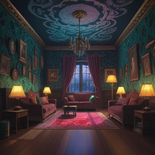 A dimly lit room filled with shadows, ethereal light casting ghostly patterns on the walls, a sense of unrest and anxiety permeating the atmosphere, objects floating gently, representing unfulfilled dreams and thoughts, a window slightly ajar revealing a starry night sky, hinting at spiritual connections and a search for peace, intricate details of the interior decor reflecting a mix of calm and chaos, 4k