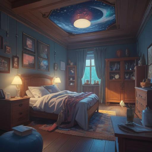 A cozy bedroom filled with soft, diffused moonlight, a sense of calm yet subtle energy, ethereal wisps of light hovering near the window, symbols of peace and spirituality subtly integrated into the decor, gentle shadows creating a serene atmosphere, hints of meditation elements like candles and crystals, an inviting space for introspection, 4k