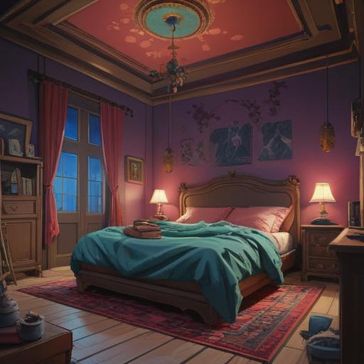 A dimly lit bedroom, scattered lucky items on the floor, a restless figure sitting on the bed, shadows casting across the walls, an atmosphere of uncertainty and hope, various cultural symbols of good fortune around, a clock ticking ominously in the background, a sense of exploration and desperation, 4k