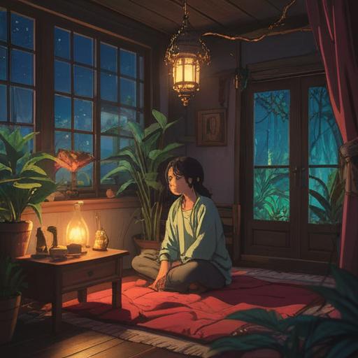 A calming nighttime routine scene, soft candlelight illuminating a serene bedroom, a person meditating with closed eyes, gentle plants in the background, relaxing music sheets on a desk, warm tea steaming beside a journal, peaceful atmosphere, cozy and inviting, 4k