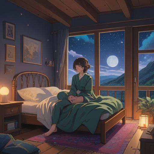 A serene night scene, a person sitting up in bed with wide eyes, surrounded by ethereal light, stars twinkling outside the window, a sense of restlessness and contemplation, dreamlike elements blending reality and spirituality, deep shadows contrasted with soft glowing orbs, symbolic imagery representing awakening and awareness, peaceful yet introspective atmosphere, 4k