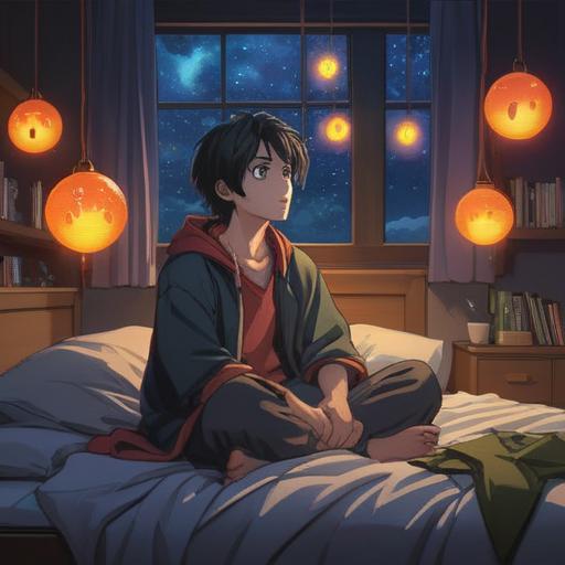 A serene night scene, a person sitting up in bed with a thoughtful expression, glowing orbs of light representing spiritual signs floating around, a soft celestial background with stars and a moon, warm light illuminating the room, symbols of peace and clarity, calming atmosphere, detailed textures, 4k