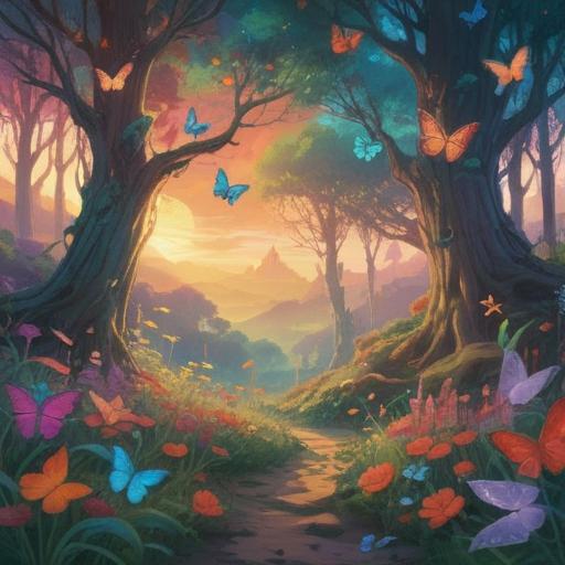 A serene landscape illustration, ethereal light filtering through trees, symbols of spiritual awakening, butterflies representing transformation, soft focus on vibrant flowers, tranquil lake reflecting the sky, gentle breeze stirring leaves, inviting path leading towards enlightenment, harmony with nature, 4k
