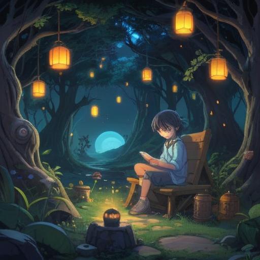 A serene nighttime scene depicting an unawakened soul, surrounded by mystical lucky items, soft moonlight illuminating a tranquil setting, ethereal glow from charm objects, gentle breeze rustling the leaves, dreamlike ambiance, elements of hope and guidance, soft focus on the lucky items, emphasizing their significance, capturing a sense of wonder and introspection, 4k