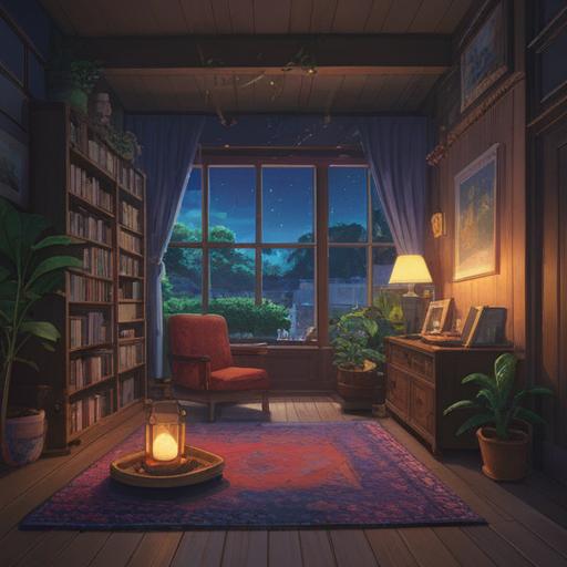 A serene nighttime routine for inner peace, calming ambiance, soft lighting, cozy living space, meditative atmosphere, gentle rituals like journaling and tea brewing, soothing music in the background, warm colors, peaceful expressions, 4k