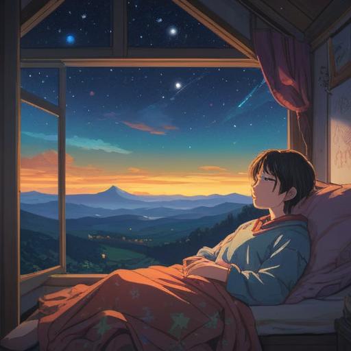 A serene and peaceful scene depicting a person peacefully sleeping under a starlit sky, ethereal light illuminating their face, symbolic representations of dreams floating around, such as clouds and celestial bodies, a sense of tranquility and relaxation, vibrant colors reflecting a spiritual aura, nature surrounding the scene, emphasizing harmony and connection with the universe, 4k