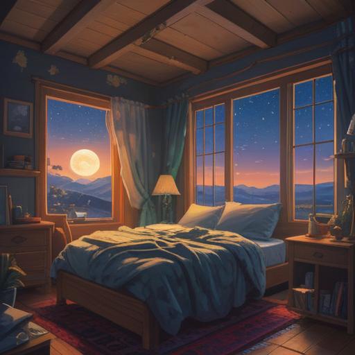 A serene illustration of a peaceful bedroom, soft moonlight filtering through the window, a person peacefully sleeping under a cozy blanket, gentle dream-like vapors surrounding the room, symbols of spirituality like feathers or crystals scattered around, calming colors, and an overall sense of tranquility, 4k