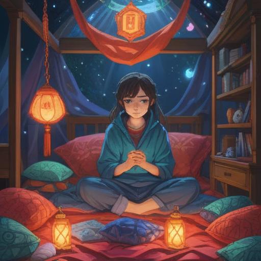 A serene illustration depicting a person surrounded by soft pillows and blankets, with glowing ethereal symbols floating around, representing spiritual signs, a tranquil bedroom setting with warm lighting, hints of nature visible through the window, a sense of calm and relaxation, 4k