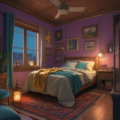 A serene and whimsical illustration of a cozy bedroom, soft blankets and pillows arranged invitingly, a glowing night lamp casting a warm light, lucky charms like four-leaf clovers and little stars scattered around, a peaceful atmosphere with gentle pastel colors, a sleeping figure with a content smile, dreams represented as floating clouds or magical creatures, enchanting details creating a sense of serenity, 4k