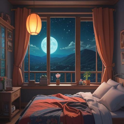 A serene bedroom setting, soft glowing light, cozy blankets, a person peacefully sleeping, gentle moonlight filtering through the window, calming colors, relaxing atmosphere, plush pillows, soothing environment, mindfulness elements, 4k