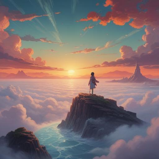 A mystical landscape depicting an endless sea of clouds, ethereal figures representing sleepiness and spiritual signs emerging from the mist, dreamlike ambiance, swirling patterns of light and shadow, vibrant colors contrasting with soft pastels, an owl perched on a tree symbolizing wisdom, gentle waves of energy flowing through the scene, 4k