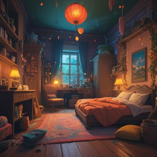 A whimsical scene depicting a cozy bedroom, a sleepy character surrounded by fluffy pillows, magical dreamy elements floating around, a glowing lucky charm with sparkles, soft pastel colors, warm lighting, an alarm clock showing late morning, scattered books hinting at a quest for more sleep, inviting and relaxing atmosphere, 4k