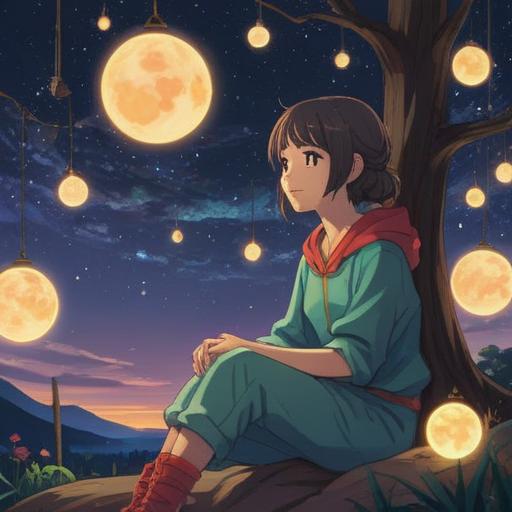 A peaceful dream-like scene, a person sitting under a starry sky, surrounded by glowing orbs of light, soft ethereal colors, symbolic representations of sleep and dreams, a sense of tranquility and introspection, a gentle breeze rustling through the trees, celestial patterns reflecting on the ground, 4k