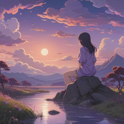 A serene and dreamlike landscape, a peaceful figure drifting into sleep, soft violet hues enveloping the scene, gentle clouds representing tranquility, symbolic representations of spiritual awakening, ethereal light illuminating the surroundings, calm and relaxing atmosphere, nature elements like blooming flowers and flowing water, 4k