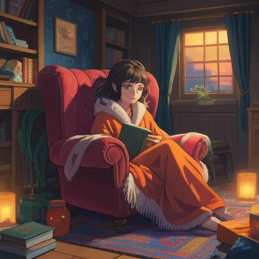 A cozy scene featuring a person lounging in a comfortable chair with a fluffy blanket, surrounded by soft pillows, gentle lighting, an assortment of relaxation items like an eye mask, herbal tea, scented candle, and a book, tranquil atmosphere, inviting and calming colors, detailed home interior, 4k