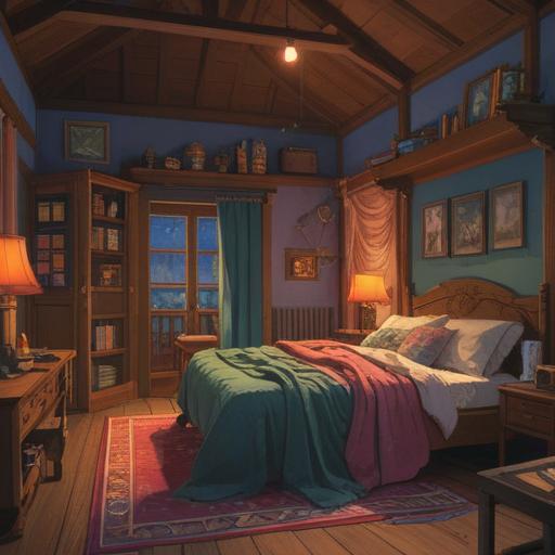 A serene scene depicting a peaceful bedroom, soft lighting, cozy blankets, a person peacefully sleeping, calming colors, gentle nature sounds outside the window, a calming aroma diffuser, plants promoting tranquility, a sense of comfort and relaxation, 4k