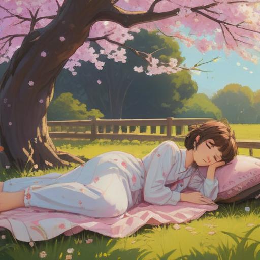 A serene illustration depicting a person peacefully napping under a blooming cherry blossom tree, gentle sunlight filtering through the leaves, ethereal energy surrounding them, symbolic representations of dreams and spirituality, soft pastel colors, tranquil atmosphere, harmonious nature elements, inviting details of a calm garden, 4k