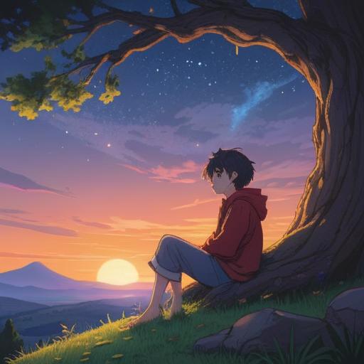 A serene and mystical landscape, a person sitting under a large tree, drowsy expression, twilight sky with stars beginning to shine, ethereal glow surrounding the tree, gentle breeze rustling leaves, symbolic representations of spiritual warnings, soft and dreamlike ambience, nature's beauty and tranquility, 4k