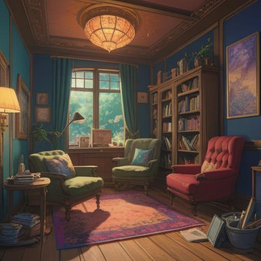 A serene scene depicting someone transforming drowsiness into an opportunity, a cozy room filled with soft light, a comfortable chair with a blanket, a steaming cup of herbal tea on the side table, gentle sunlight streaming through the window, a relaxed expression on the person's face, surrounded by calming plants, an open notebook displaying refreshing ideas, tranquil atmosphere, 4k