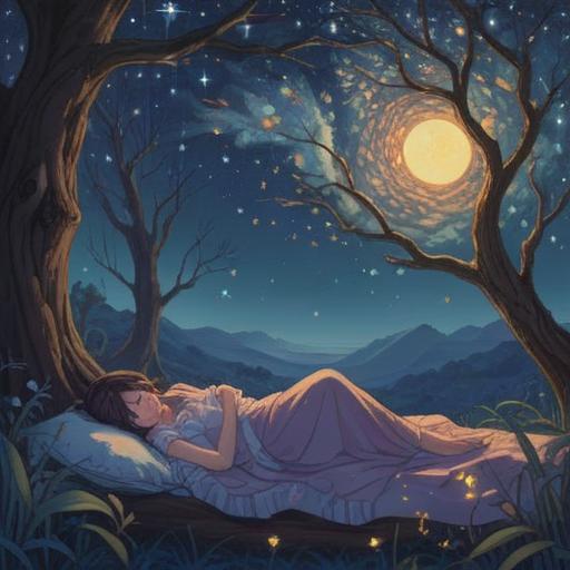A serene and tranquil scene depicting a person peacefully sleeping under a starry sky, soft glow of moonlight illuminating their relaxed face, symbolic dreams floating around them representing spiritual growth, gentle nature elements like flowers and trees surrounding, warm and calming atmosphere, conveying a sense of deep rest and awakening, 4k