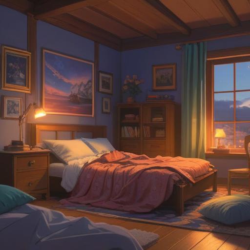 A serene illustration of a cozy bedroom at dusk, soft lighting, a person yawning and stretching, surrounded by warm blankets and pillows, a steaming cup of herbal tea on the bedside table, calming atmosphere, gentle sleep aids scattered around, a window showing stars outside, inviting and peaceful, 4k