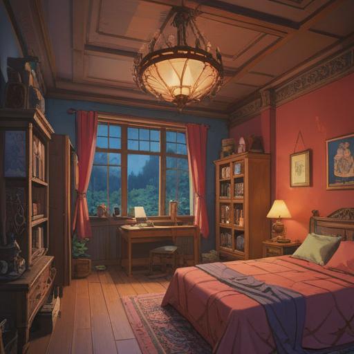 A serene and cozy room filled with soft, dim lighting, gentle textures, calming colors, spiritual symbols adorning the walls, a comfortable bed draped in soothing blankets, tranquil ambiance, candles flickering softly, plants radiating life, an inviting atmosphere promoting relaxation and introspection, 4k