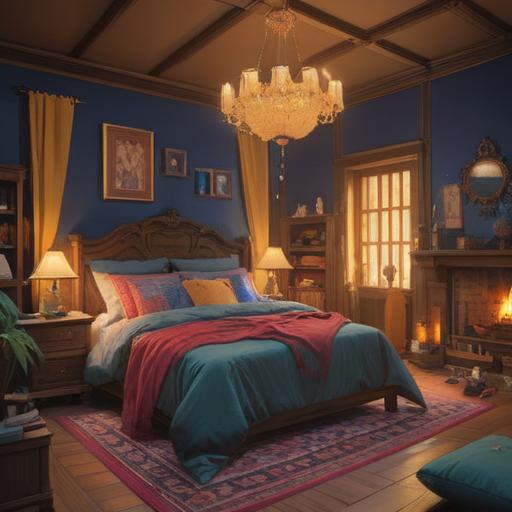 A tranquil and cozy room filled with soft, warm lighting, inviting atmosphere, comfortable furnishings like a plush bed and cushions, candles flickering gently, mystical symbols subtly integrated into the decor, plants thriving, a sense of peace and relaxation, spiritual aura radiating, soft textures and calming colors, perfect for meditation and rest, 4k