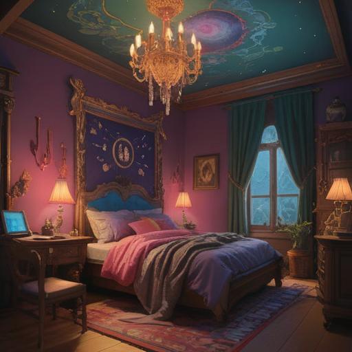 A cozy bedroom with dim lighting, soft bed covers, faintly glowing crystals on the nightstand, subtle spiritual symbols on the wall, a gentle aura surrounding the room, a peaceful atmosphere inviting relaxation, hidden messages in shadows, tranquil vibes, a calming presence, 4k