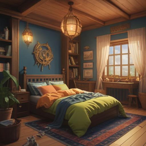Cozy bedroom with soft lighting, comfortable bedding, inviting atmosphere, relaxing color palette, lucky items like a horseshoe and a four-leaf clover, elements of feng shui for positivity, serene plants, calming decor, subtle textures, peaceful ambiance, 4k