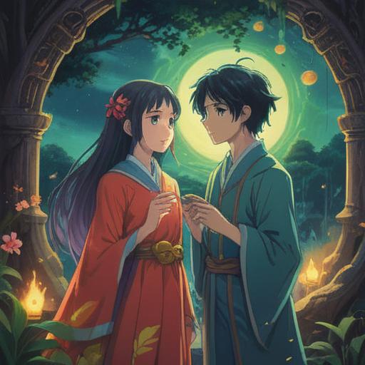 A serene and mystical illustration, depicting two figures in a tranquil setting, ethereal glow surrounding them, symbolism of connection and dreams, soft hues blending harmoniously, a sense of calm and introspection, intricate details in the environment, spiritual undertones, dreamlike atmosphere, contemplative expressions, 4k