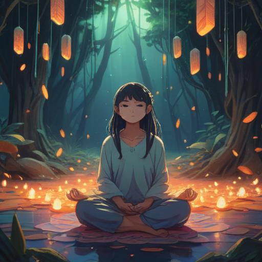 A serene scene depicting a person meditating, surrounded by soft glowing lights, gentle aura representing tranquility, ethereal elements like floating feathers and sparkles, calm expression on face, nature-inspired background with lush greenery, peaceful atmosphere, spiritual awakening, harmonious energy, 4k