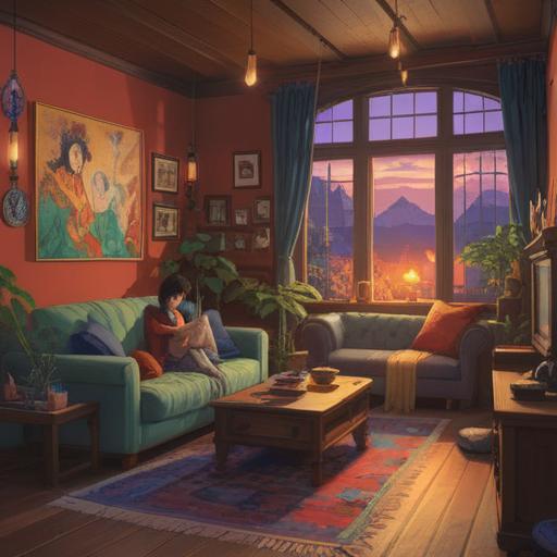 A serene home environment, cozy living room with soft lighting, person peacefully dozing on the couch, mystical aura surrounding them, subtle hints of spiritual symbols in the air, warm colors, tranquil atmosphere, dreamy feel, inviting space, 4k
