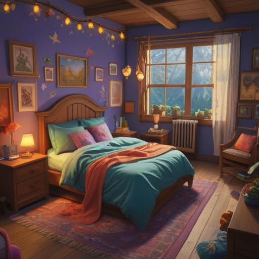 A cozy indoor scene, warm and inviting atmosphere, a beautifully arranged bedroom with a comfortable bed, soft blankets and pillows, lucky charms like dream catchers and decorative pillows, gentle lighting creating a peaceful ambiance, serene colors and calming details, surrounded by plants for a touch of nature, 4k