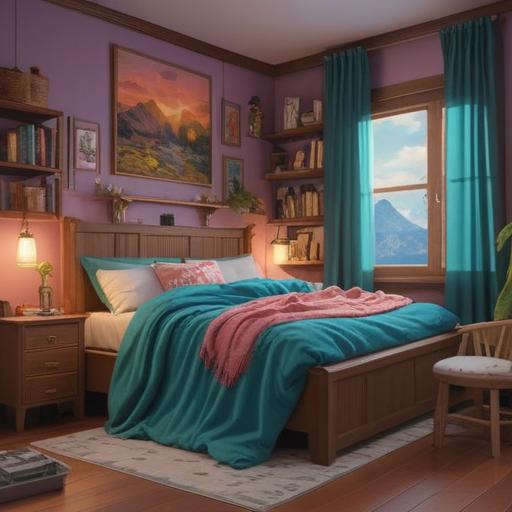 A cozy bedroom scene, a plush bed with fluffy pillows, soft blankets, dimmable warm lights, a calm atmosphere, nature-inspired decor, a window showing moonlight and stars, a steaming cup of herbal tea on a bedside table, calming colors, 4k