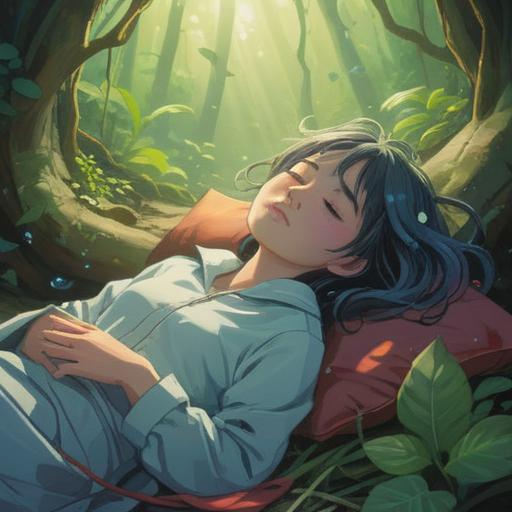 A peaceful and ethereal scene, a person resting with closed eyes, surrounded by soft light and gentle wisps of energy, serene atmosphere, symbolic of spiritual awakening and deep relaxation, subtle hints of dreamscapes in the background, tranquil expressions, 4k