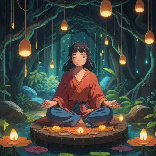 A serene and peaceful visual representation, a person meditating under a soft, glowing light, surrounded by floating symbols of tranquility and wisdom, ethereal aura, gentle colors, dreamy atmosphere, nature elements like softly swaying trees and a calm stream, conveying a sense of spiritual awakening and insight, 4k
