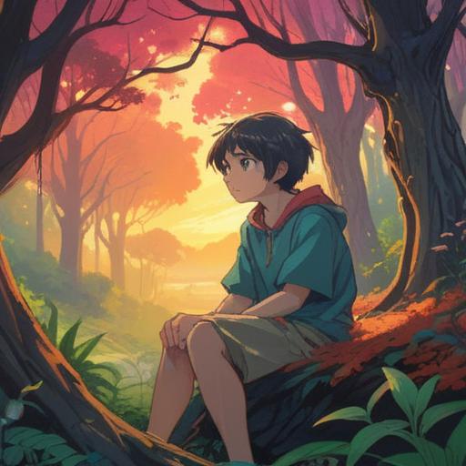 A serene scene depicting a tired individual sitting peacefully in a tranquil environment, soft light filtering through trees, gentle expression on the face, surrounded by calming elements like feathers and soft clouds, representing spiritual signs of fatigue, reflective mood, ethereal atmosphere, subtle details indicating the need for self-care, 4k