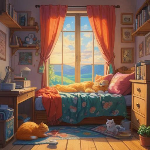 A whimsical illustration of a cozy bedroom scene, soft sunlight streaming through the window, a fluffy cat lounging on a colorful blanket, a cup of steaming herbal tea on the bedside table, a notebook filled with positive affirmations, dreamcatchers hanging from the ceiling, tranquil atmosphere, inviting and soothing colors, 4k