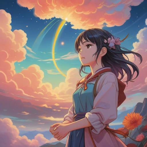 A dreamy surreal landscape, gentle pastel colors, a character in a meditative pose, floating clouds, soft light illuminating a tranquil scene, subtle symbols of spirituality, hints of celestial elements, a sense of peace and restfulness, whimsical details, serene atmosphere, 4k