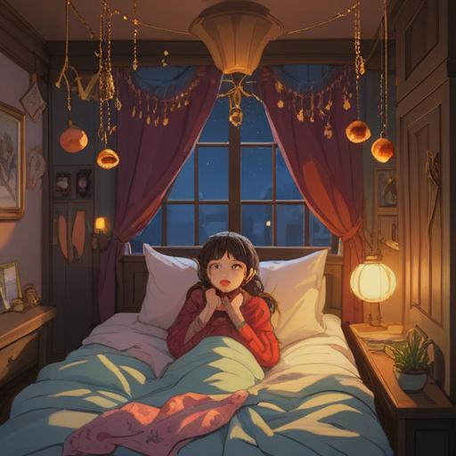 A cozy bedroom scene, a person yawning deeply, surrounded by fluffy pillows and warm blankets, a golden lucky charm glowing softly on the nightstand, the sunlight gently streaming through the window, creating a relaxed and inviting atmosphere, soothing color palette, whimsical details, 4k