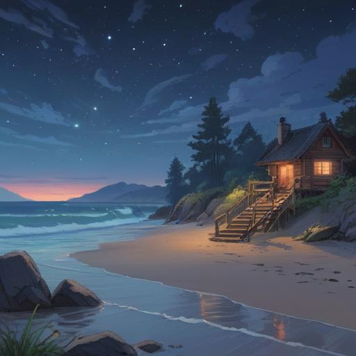A serene and calming scene, depicting a peaceful person resting under a starlit sky, gentle waves lapping at a quiet shore, soft ethereal light surrounding them, symbols of spiritual awakening such as lotus flowers and gentle glowing orbs, tranquil atmosphere, emphasizing a connection between sleep and spiritual insight, inviting serenity, 4k
