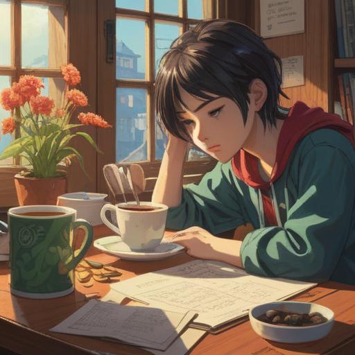 A vibrant illustration of a person overcoming sleepiness, bright sunny morning light, motivational setting, cups of coffee on a desk, a calendar with a marked date, energetic posture, sense of determination, inspiring atmosphere, lively colors, cheerful expressions, optimistic mood, 4k